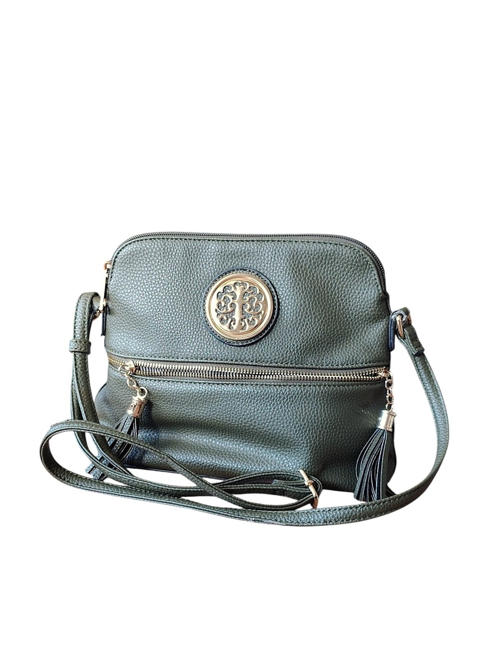 Tree Of Life Pebbled Olive Green Crossbody Bag with Gold Medallion Womens